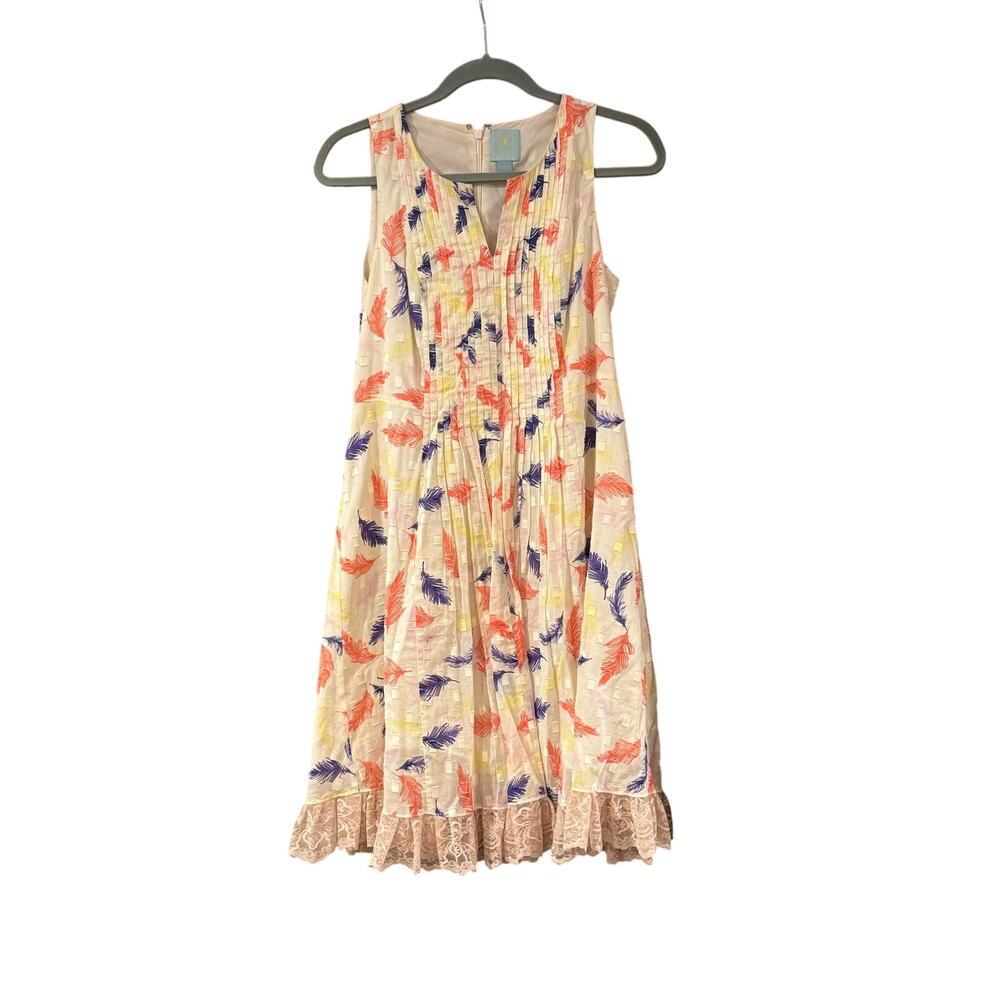 CeCe 100% Cotton White Pink Yellow Purple Floral Sleeveless Sheath Dress Size 8